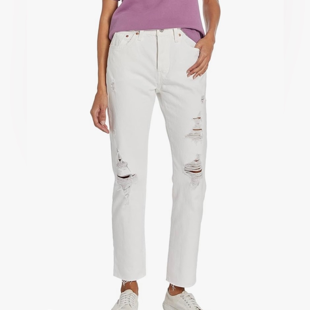 Levi's 501 High-Rise Straight Leg Distressed Denim Jeans Womens 26x30  White